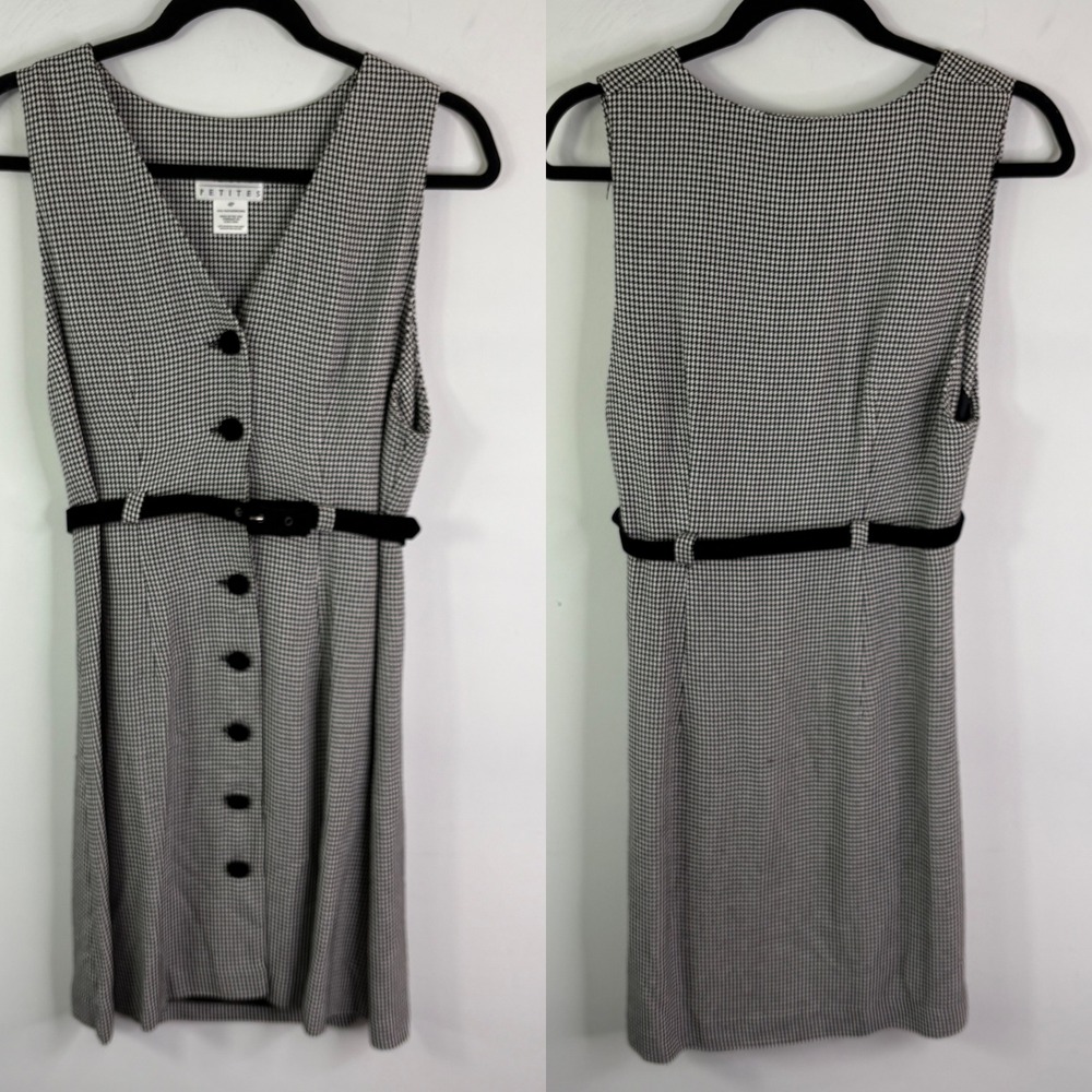 Vintage Talbots Petites Black White Houndstooth Button Front Belted Dress 4P